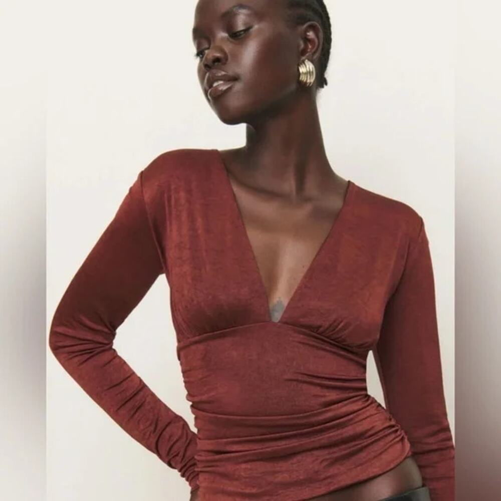 Reformation Top Womens Extra Small Ines Red Wine Deep V Neck Satin Long Sleeve